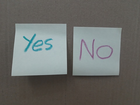 Yellow sticky notes with yes or no written on them on a brown background