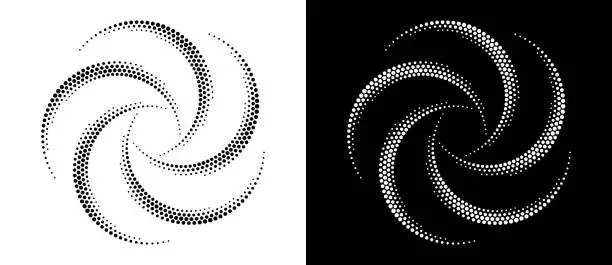 Vector illustration of Modern abstract background. Halftone dots in circle form. Round logo, design element or icon. Vector dotted frame. A black figure on a white background and an equally white figure on the black side.