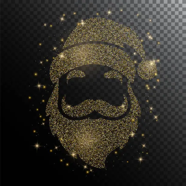 Vector illustration of Shiny gold glitter transparent silhouette Santa Claus. Merry Christmas and new year light effect for holiday background, greeting card, invitation, web banner.
