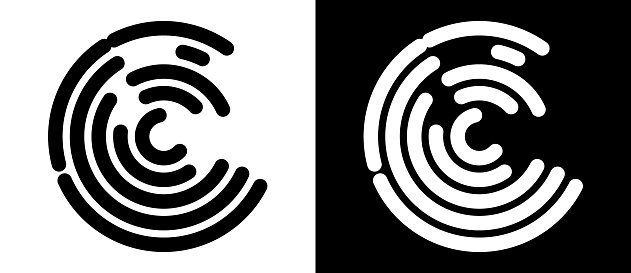 Letter C icon or logo, fingerprint concept. Black shape on a white background and the same white shape on the black side.