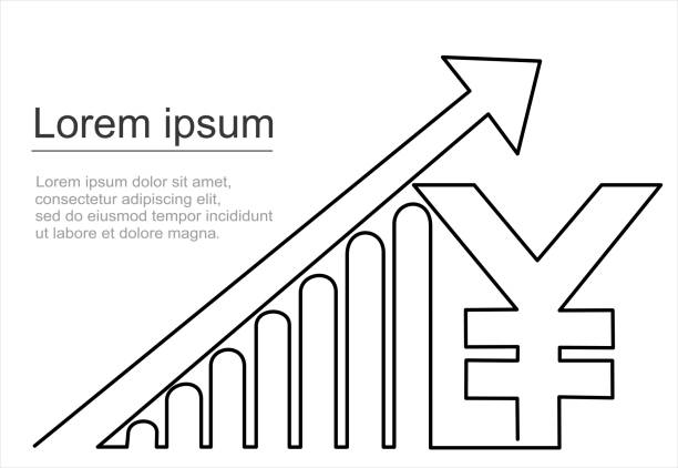 einzelne einzeilige zeichnung des balkendiagramms der pfeile nach oben und des chinesischen yuan-zeichens. geschäft, finanzen, absatz, marktwachstum, leistung, minimales konzept. eine durchgehende vektorillustration zum zeichnen von linien - graph arrow sign chart single line stock-grafiken, -clipart, -cartoons und -symbole