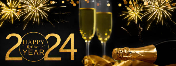 istock HAPPY NEW YEAR 2024 celebration holiday greeting card background with text - Golden frame, Champagne or sparkling wine bottle and clinking glasses, firework in the night. 1782200580
