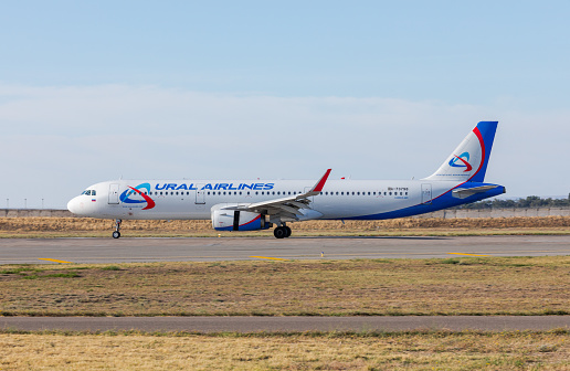 Bishkek, Kyrgyzstan - September 26, 2023: Russian Ural Airlines RA-73798 Airbus A321-231 plane at the Manas International Airport