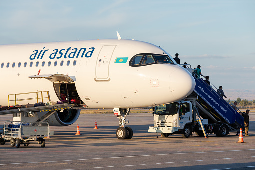 Bishkek, Kyrgyzstan - September 26, 2023: Air Astana EI-KGG Airbus A321-271NX plane at the Manas International Airport