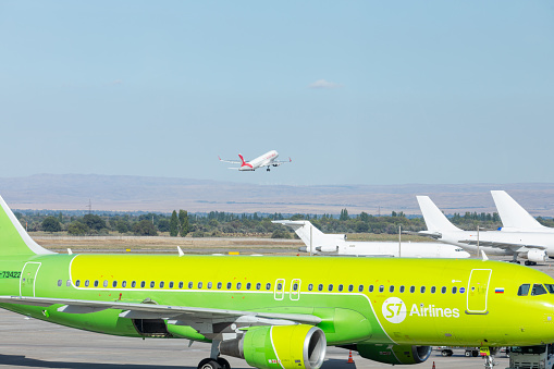 Bishkek, Kyrgyzstan - September 26, 2023: Russian S7 Airlines RA-73422 Airbus A320-214 plane at the Manas International Airport