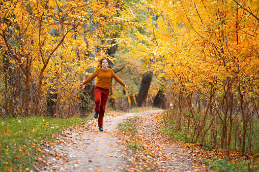 a young teenage girl walks in the autumn forest, goes along the road and enjoys the beautiful nature and bright yellow leaves