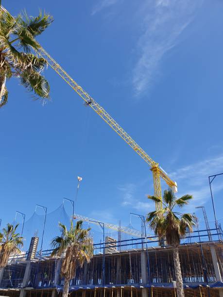 istock Tower crane and building under construction against blue sky, palm trees, construction in Spain 1782203574