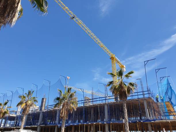 istock Tower crane and building under construction against blue sky, palm trees, construction in Spain 1782203606