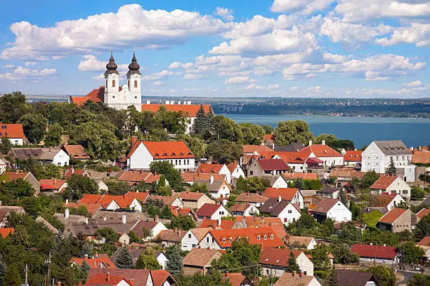 Tihany Abbey with the village and the Lake Balaton in the back in Hungary