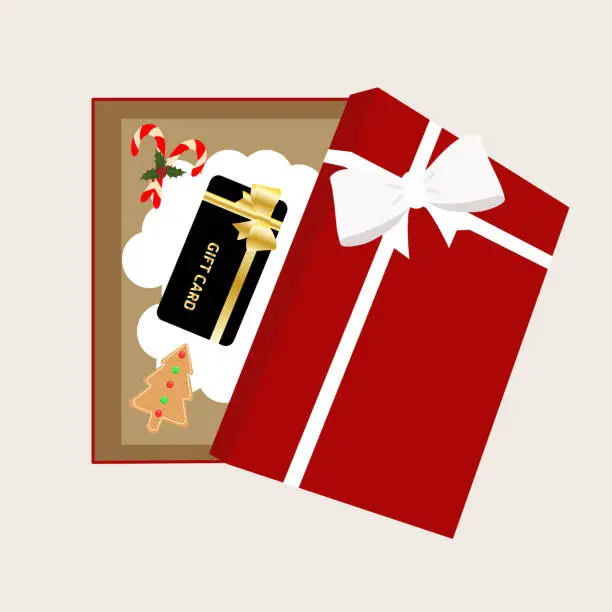 Vector illustration of Candy bars, Christmas cookies and a gift certificate are prepared to be given as a gift in a gift box. top view of box