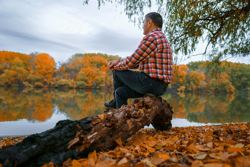 a man sits on a log by the river bank and enjoys the scenery, beautiful nature in the autumn season, the river and the forest with bright yellow leaves, cloudy sky in the evening