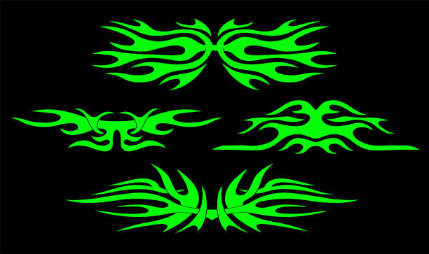 zestaw tatuaży plemiennych neo, gotycki zestaw kształtów ornamentów cybernetycznych, celtycki znak abstrakcyjny. maoryski lub hawajski symbol rękawa y2k polinezyjskie metalowe abstrakcyjne skrzydło wirujące symetrii. neon, plemienny, sylwetka, wekto - celtic culture audio stock illustrations