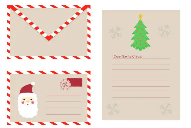 Vector illustration of Christmas envelope with stamps, seals, santa claus. Letter to Santa claus