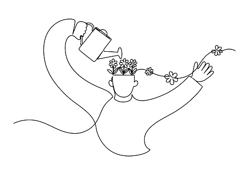 Selfcare, personal self-development concept. Positive thinking, mindfulness, psychology therapy. Man watering his head from which grows flowers. Continuous line drawing.