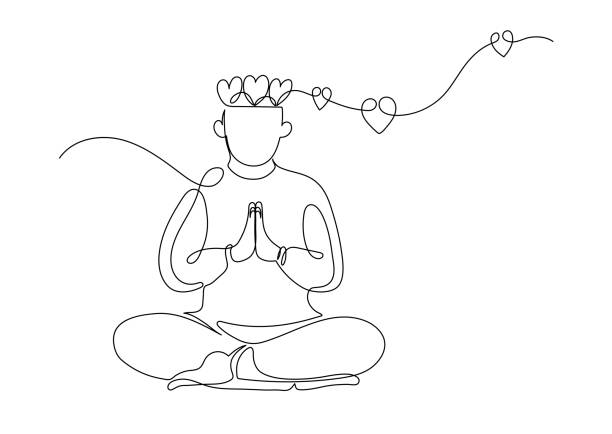 Man praying with love in lotus pose. Man praying with love in lotus pose. Religion, faith, meditation concept. Continuous line drawing. man sitting alone drawing stock illustrations