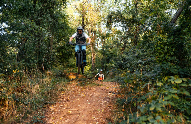 istock Man riding mountain bike on a forest trail 1782288946