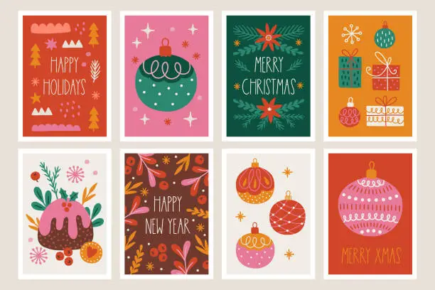 Vector illustration of Christmas greeting cards with balls, gifts, cake, flowers, snowflakes, stars