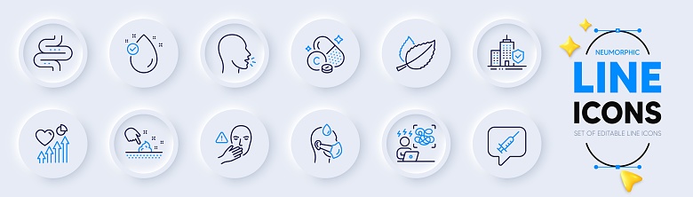 Apartment insurance, Heart beat and Vaccine message line icons for web app. Pack of Skin moisture, Intestine, Cough pictogram icons. Sick man, Mint leaves, Dont touch signs. Vitamin e. Vector