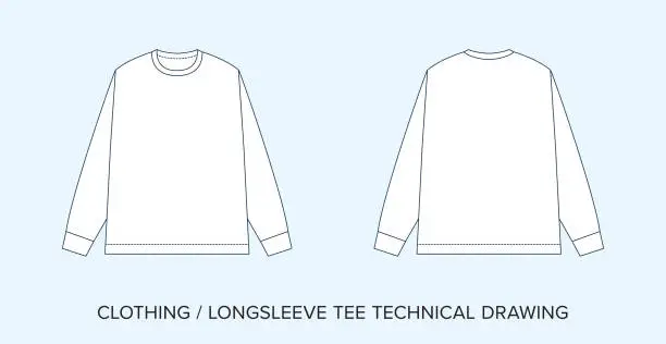 Vector illustration of LS Tee, Jersey, Technical Drawing, Apparel Blueprint for Fashion Designers