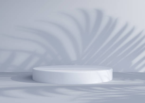 istock Empty white round podium, pedestal or display in room with falling shadow from palm leaf. Realistic abstract interior space for fashion product presentation. Modern minimalistic 3d render. 1782304883