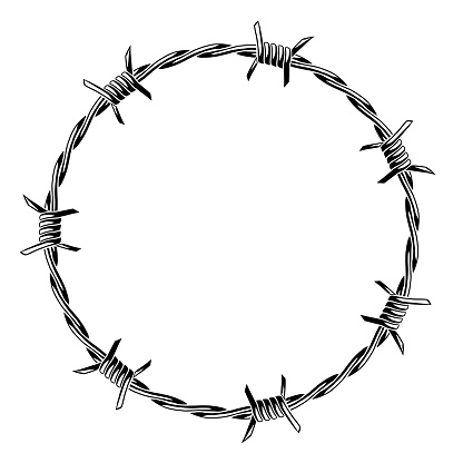 Barbed wire frame. Sharp barbwire border chain. Spiked metal protection.