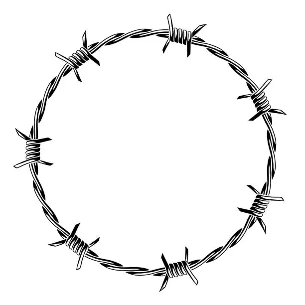 Vector illustration of Barbed wire frame. Sharp barbwire border chain.