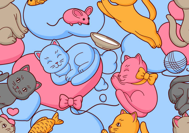 Pattern with cute kawaii cats. Fun animal background. Pattern with cute kawaii cats. Fun animal background. Cartoon stylized pets. cat muzzle meowing cartoon stock illustrations