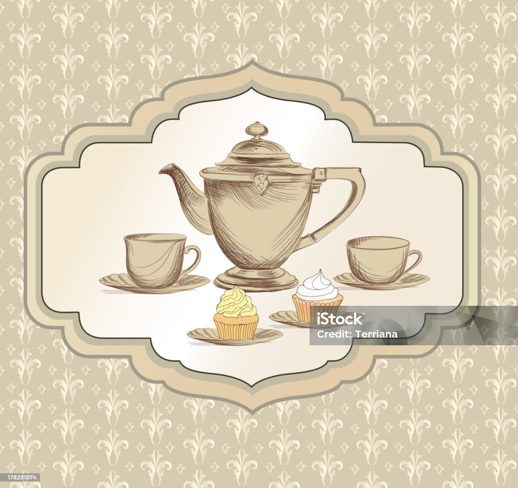 Tea time label in Victorian style. Tea cup, pastry and kettle retro card. Tea time vintage label. Abstract stock vector