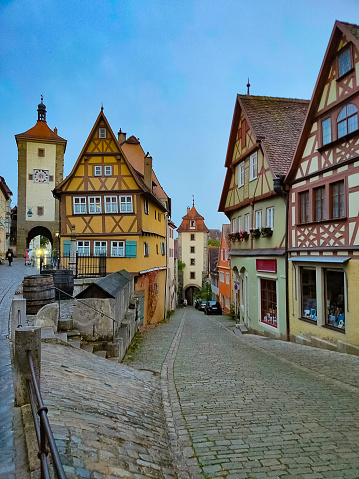 The facades of historical building at Rothenburg ob der Tauber where is the fortified city in Germany.