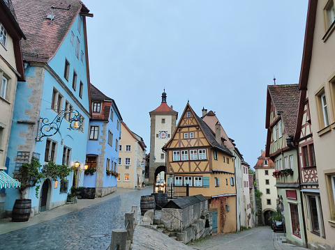 The facades of historical building at Rothenburg ob der Tauber where is the fortified city in Germany.