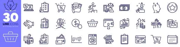 Vector illustration of Shopping basket, Fraud and Column diagram line icons pack. For web app. Vector