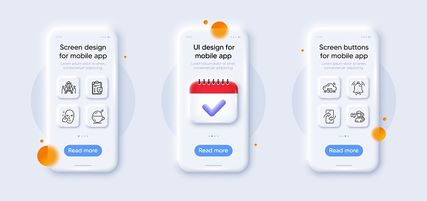 Phone transfer, Healthy face and People line icons pack. 3d phone mockups with calendar. Glass smartphone screen. Checklist, 5g cloud, Ice cream web icon. Vector