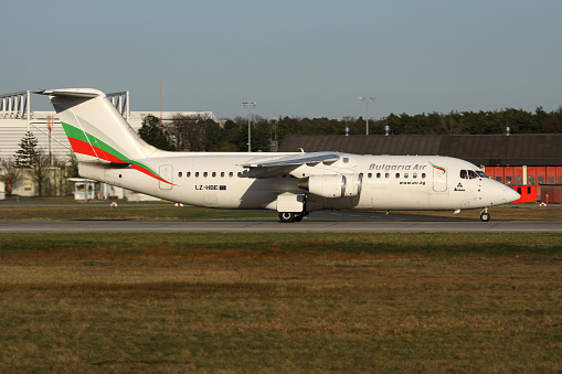 Frankfurt am Main, Germany - April 2, 2011: Bulgaria Air BAe 146-300 with registration LZ-HBE on take off roll on runway 18 (called Startbahn West) of Frankfurt Airport.