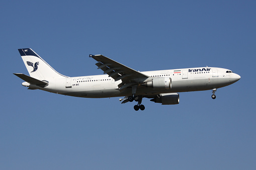 Frankfurt am Main, Germany - April 2, 2011: Iran Air Airbus A300-600 with registration EP-IBC on final for runway 07R of Frankfurt Airport.