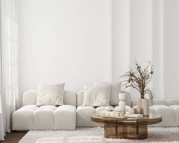 istock Living room wall mockup. Cozy interior house background. Modern apartment interior design. 3D render 1782337012