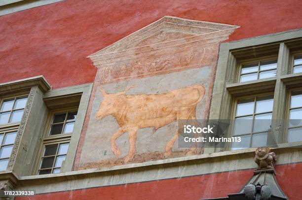 Beautiful Facade Of Historic House At The Old Town Of Swiss City Of Schaffhausen On A Foggy Winter Day Stock Photo - Download Image Now
