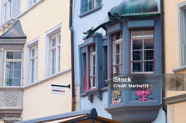 Beautiful Facade Of Historic House At The Old Town Of Swiss City Of Schaffhausen On A Foggy Winter Day Stock Photo - Download Image Now