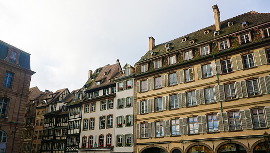 Historic wooden facade in downtown of Strasbourg at France at winter