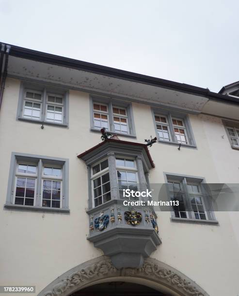 Beautiful Facades Of Historic Houses At The Old Town Of Swiss City Of Schaffhausen On A Foggy Winter Day Stock Photo - Download Image Now