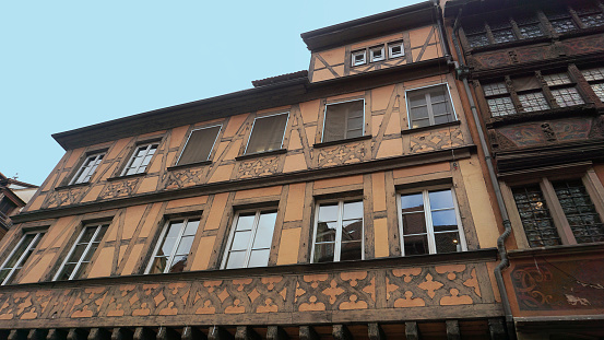 Historic wooden facade in downtown of Strasbourg at France at winter