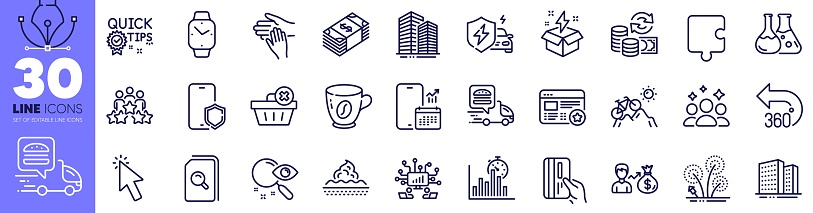Buildings, Car charging and Business meeting line icons pack. Skyscraper buildings, Creative idea, Search web icon. Skin care, Quick tips, Chemistry lab pictogram. Smartwatch, Volunteer. Vector