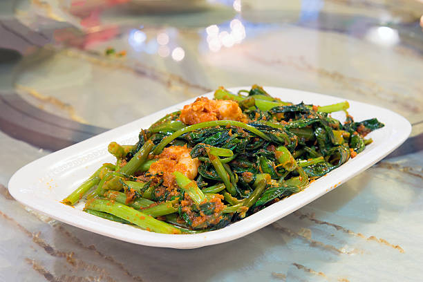 Nonya Peranakan Kangkung Vegetable Blachan Sambal Paste Stir Fry with Prawns Dish