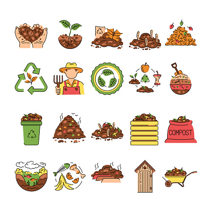 Composting color line icons. Vector isolated element. Editable stroke.