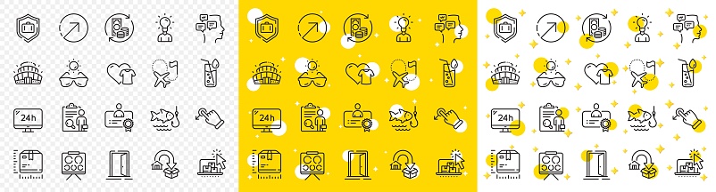 Outline Luggage protect, Arena stadium and Vision board line icons pack for web with Change money, Moving service, Education line icon. 24h service, Sunglasses, Certificate pictogram icon. Vector
