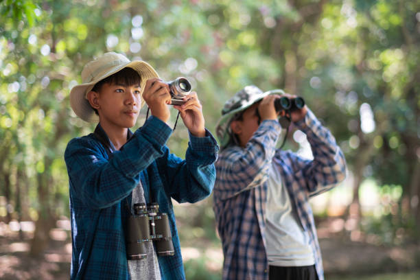 istock Two young boys in the forest hiking and camping. learning about wildlife, using a camera, taking pictures and binoculars to search for animals with friends. Happy smiling excited summer vacation. 1782362623