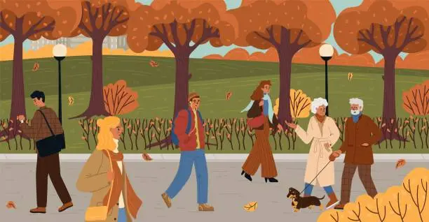 Vector illustration of Different people characters walking in autumn park