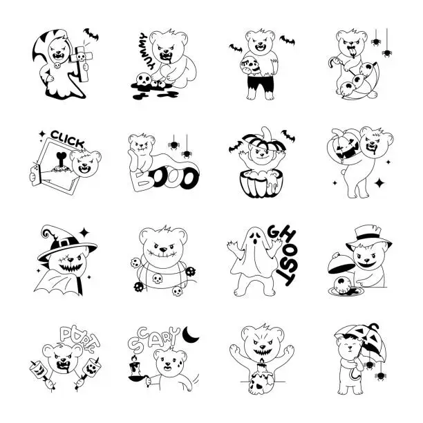 Vector illustration of Bundle of Horror Bear Doodle Stickers