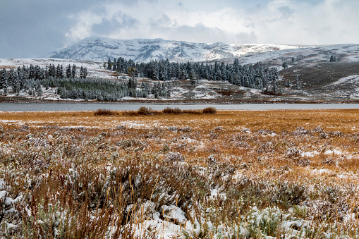 snow capped Gallatin mountain range in Yellowstone National park durung autumn