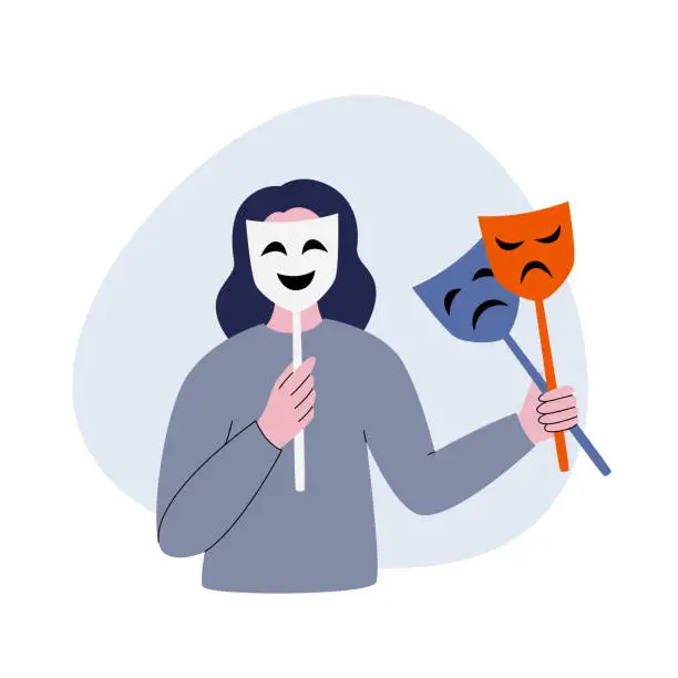 Vector illustration of Woman hides her face under a mask