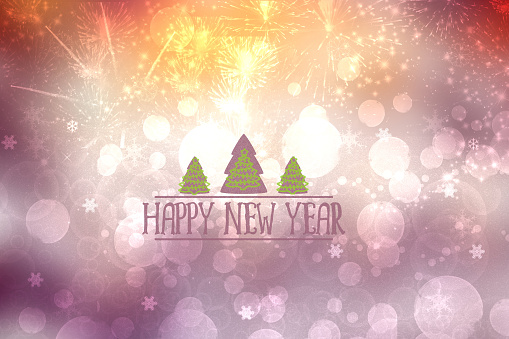 Merry Christmas and Happy New Year 2024 card background texture design with abstract blurred festive pink and yellow bokeh lighted stars and sylvester fireworks.